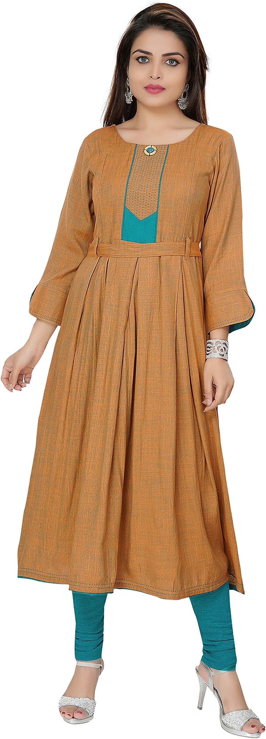 Dummy Shape Women's Cotton Rayon Maternity cum Feeding Orange Long Kurti Dress for Casual