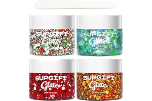 Christmas Body Glitter Gel SUPGIFT 4 Colors 8.5oz Holographic Chunky Mermaid Iridescent Laser Liquid Star Flower Leaf Sequins for Makeup Face Eyeshadow Hair with Spoon