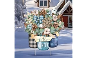 Memorywuu Metal Winter Christmas Decoration Hello Winter Yard Sign Stake 14.2 Inch Snowflake Mason Jar Outdoor Yard Decor for Christmas Party Outside Lawn Decorations Garden Patio Walkway
