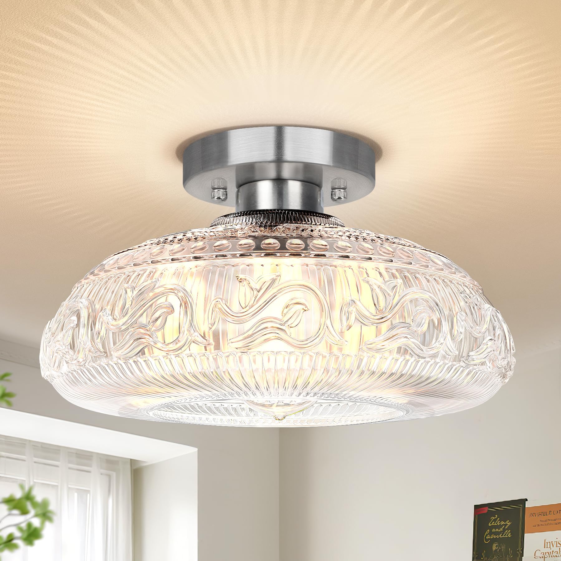 Photo 1 of 11 inch Semi Flush Mount Ceiling Light Fixture, Upgraded Larger Hallway Light Fixtures, Brushed Nickel Light Fixture Indoor Hanging Light for Bedroom Bathroom Kitchen Porch, Bulbs Not Included