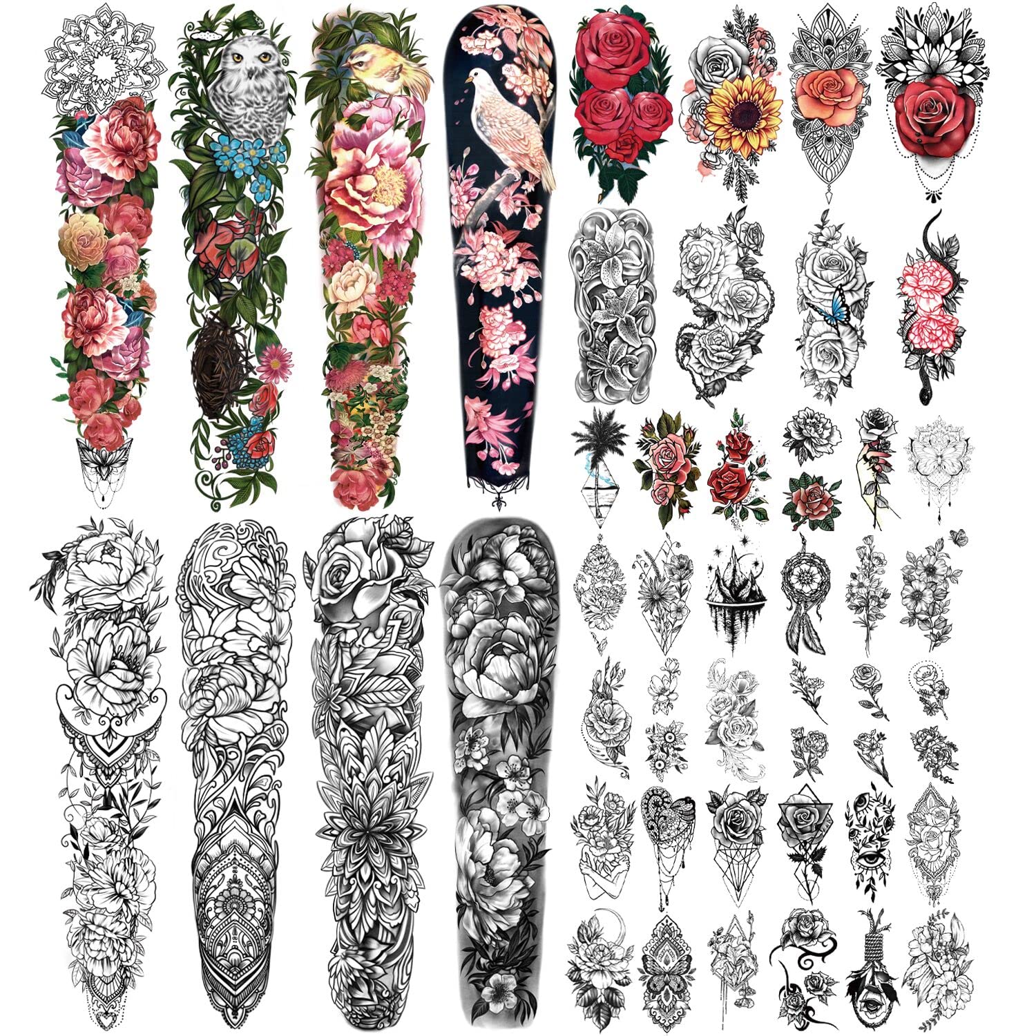 Photo 1 of 46 Sheet Full Arm Temporary Tattoo for Women with Peony Bird Daisy Rose Half Arm Flower Chrysanthemum Temporary Tattoos for Girls Boys Long Lasting Butterfly Fake Tattoo for Youngs