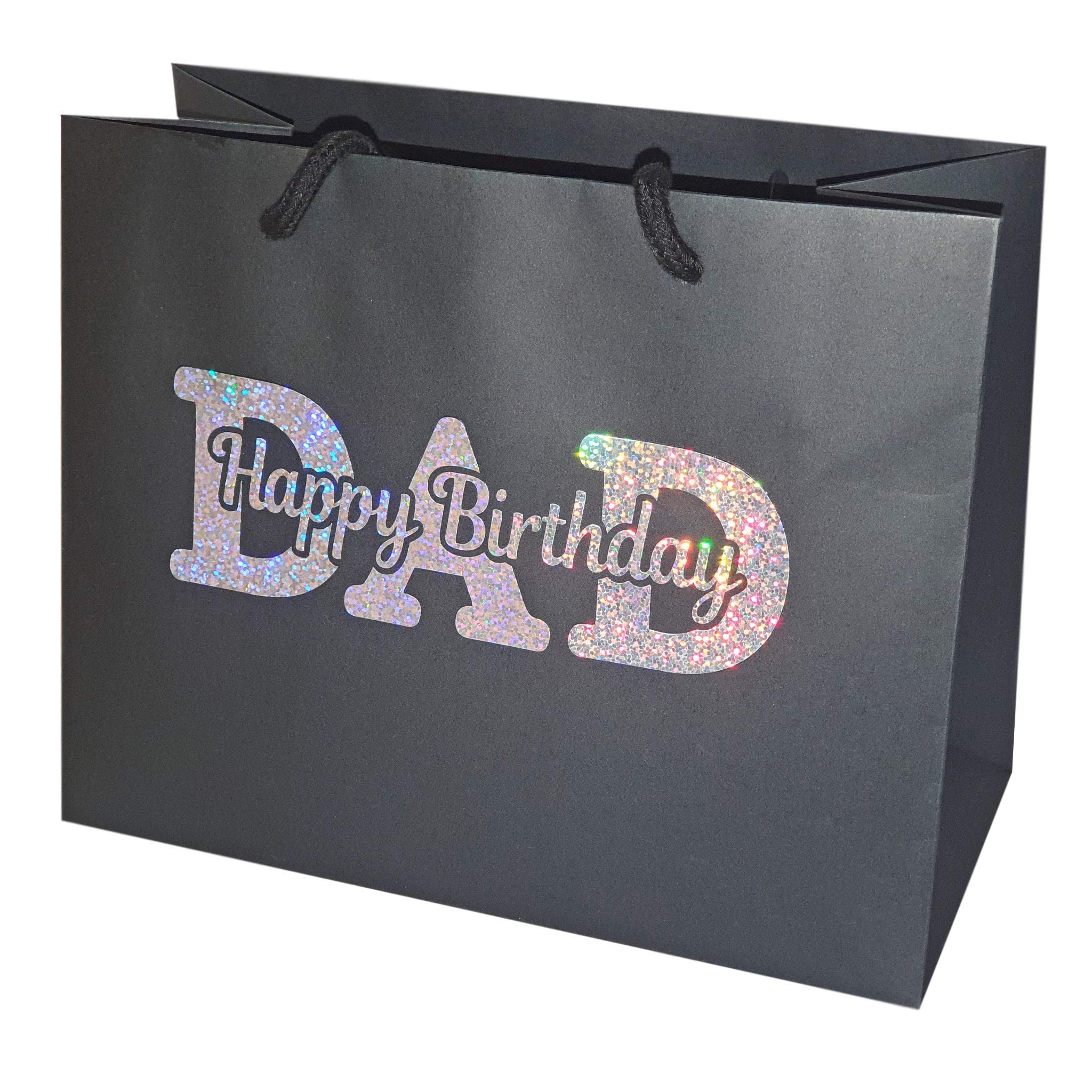 Dad Happy Birthday Gift Bag - Holographic Glitter Gift Bag with Rope Handles and Tissue Paper - Birthday Ideas Dad Daddy Father - Size 3