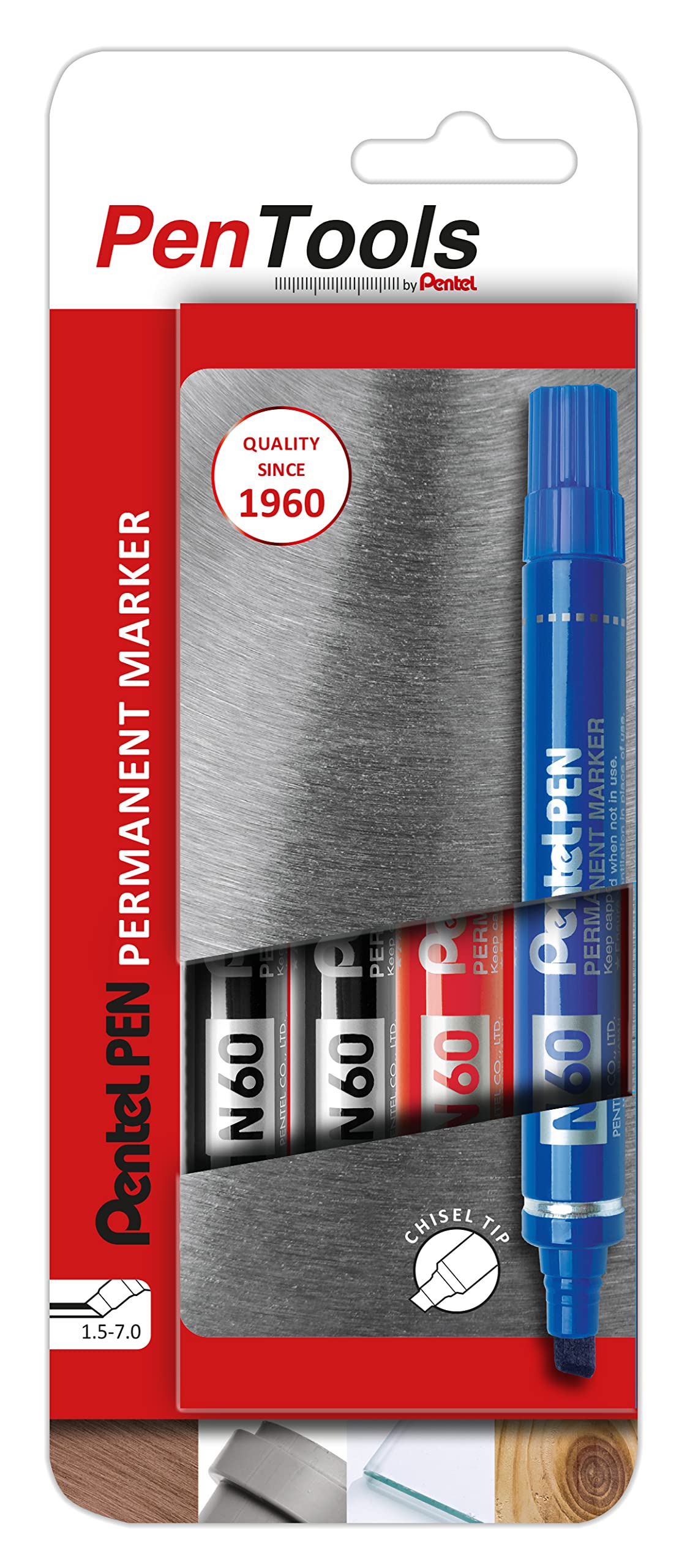 PenTools by Pentel 4 x N60 Permanent Markers - Heavy Duty Chisel Tip (1.5-7.0mm Line) for Permanent Marking - Assorted Colours