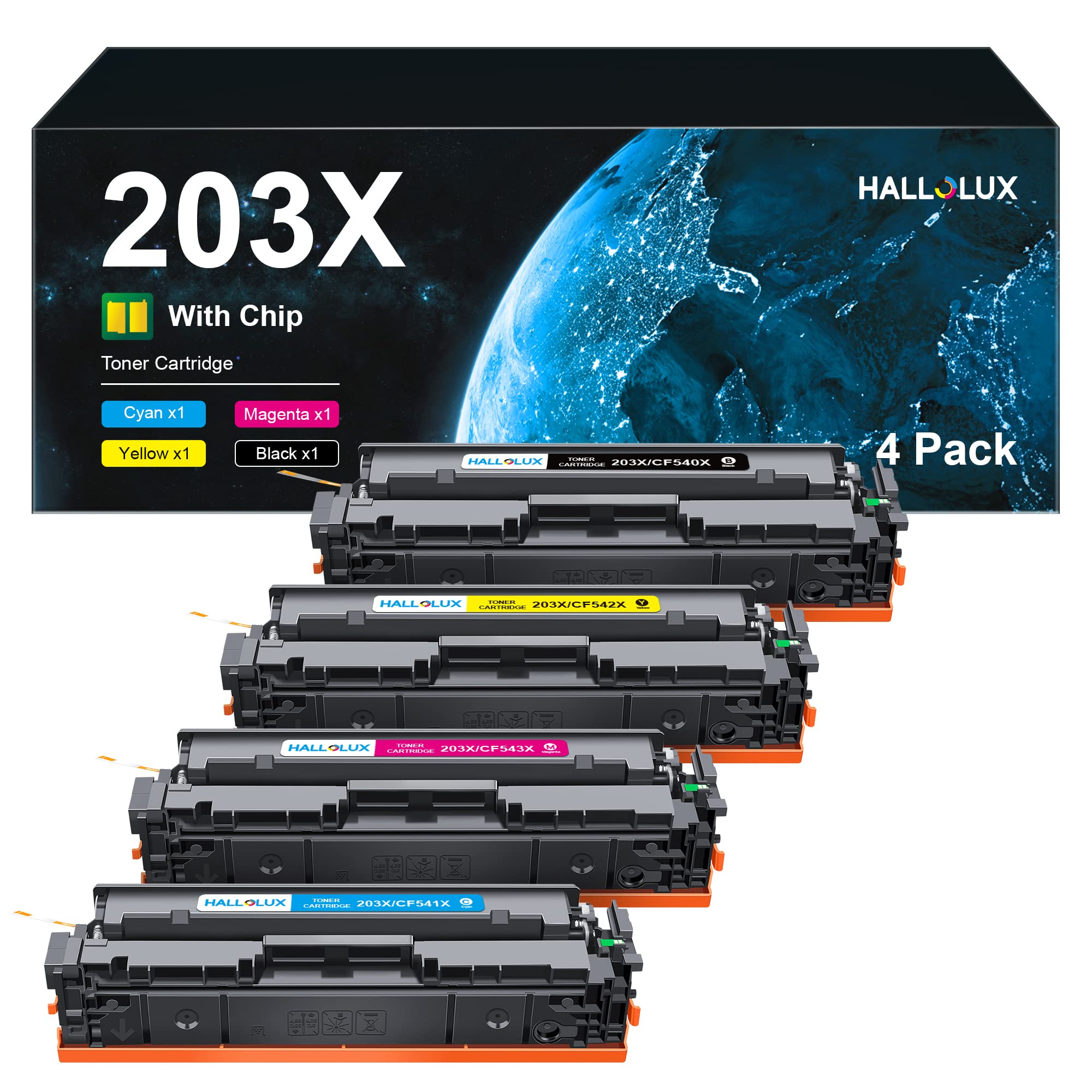 HALLOLUX 203X Toner Cartridge Replacement for HP CF540X CF541X CF542X CF543X Compatible for Color Laserjet Pro MFP M254dw M254dn​M254nw M280nw M281fdn M281fdw M281cdw(Black Cyan Magenta Yellow,4 Pack)