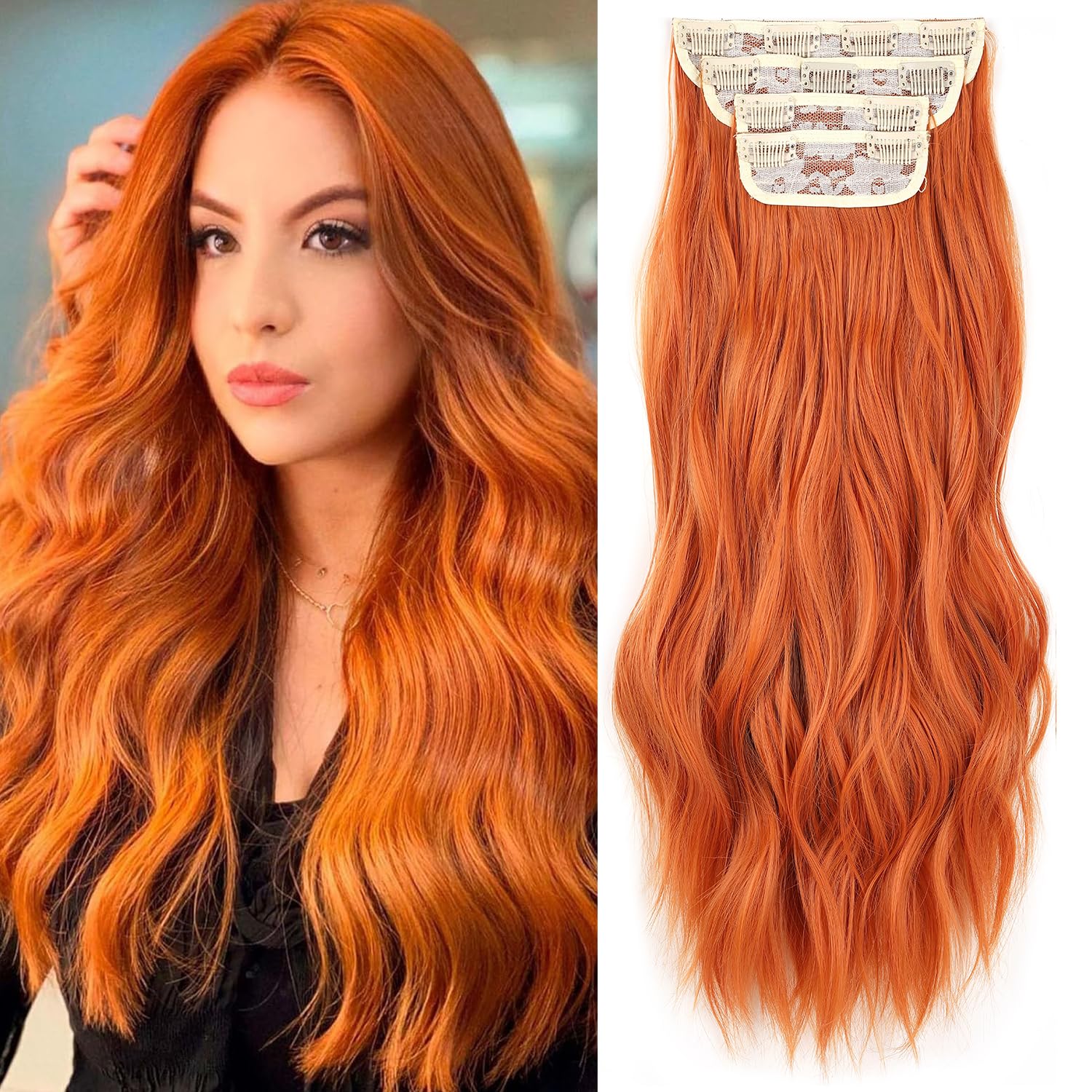 MSCAT 24 Inch Wavy Hair Extensions - Orange Clip-in Set, Synthetic Hair for Women (4PCS Full Head, Thick Copper Red Curly Wavy Style, 350g) — image 1