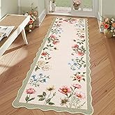 GarveeHome Floral Scalloped Kitchen Runner Rug, 2X6 Washable Hallway Runner Non-Slip, Soft Print Laundry Room Rug Low-Pile Stain Resistant Boho Carpet for Bathroom Bedroom Dorm, Taupe