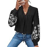 LOOKBOHO Blouses for Women Dressy Casual Embroidered Boho Tops Trendy Puff Long Sleeve Peplum Babydoll Shirts