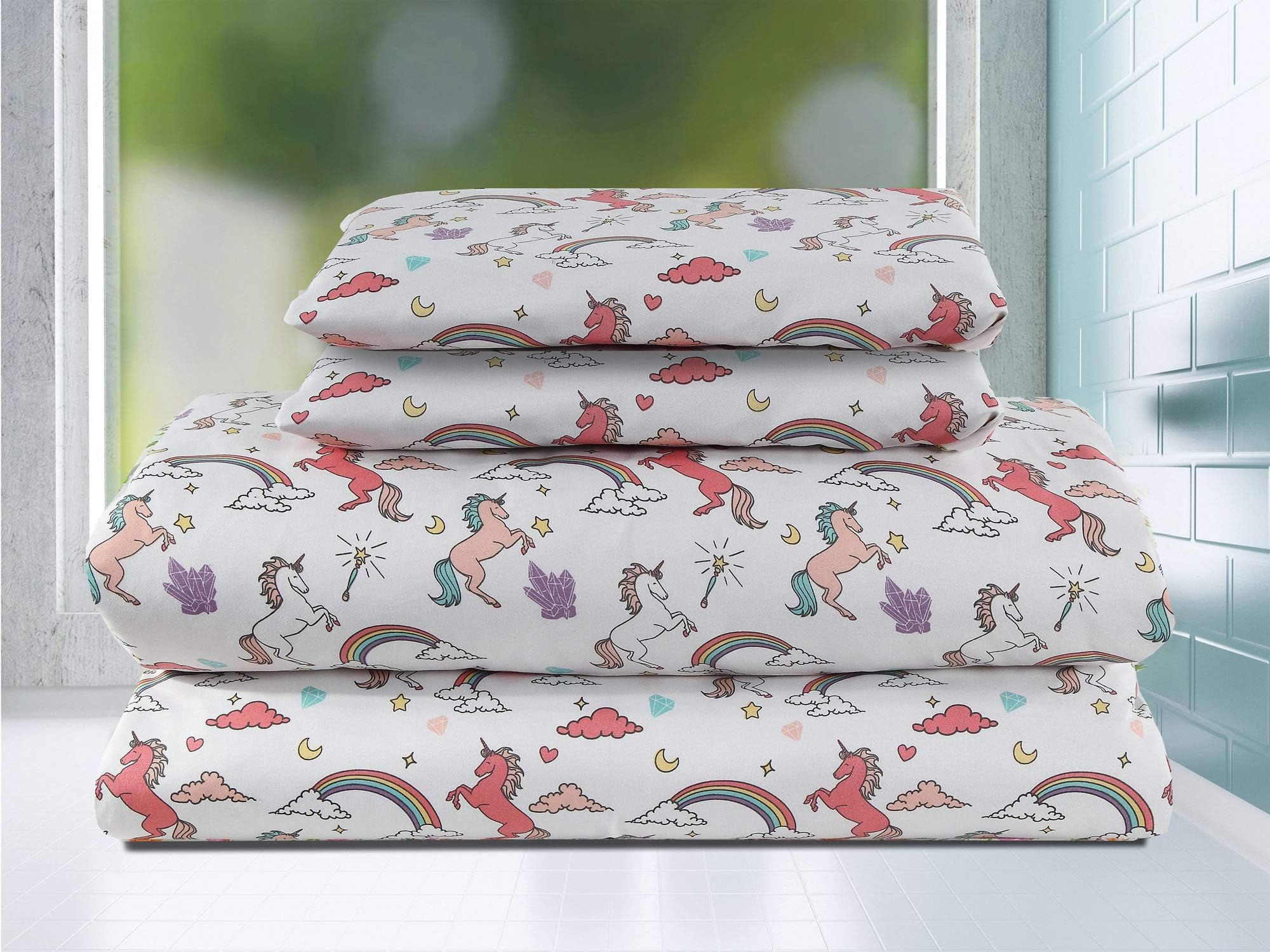HowPlum Twin Rainbow Unicorn Sheet Set Moon Stars Magical Diamonds Girls Bedding Pink, Purple, and Blue
