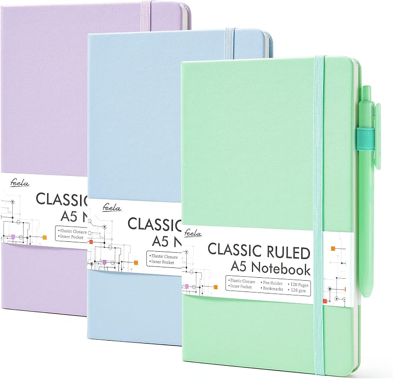 Feela A5 Notebooks Multipack 3 Pack Ruled 128 Pages Lavender Blue Green