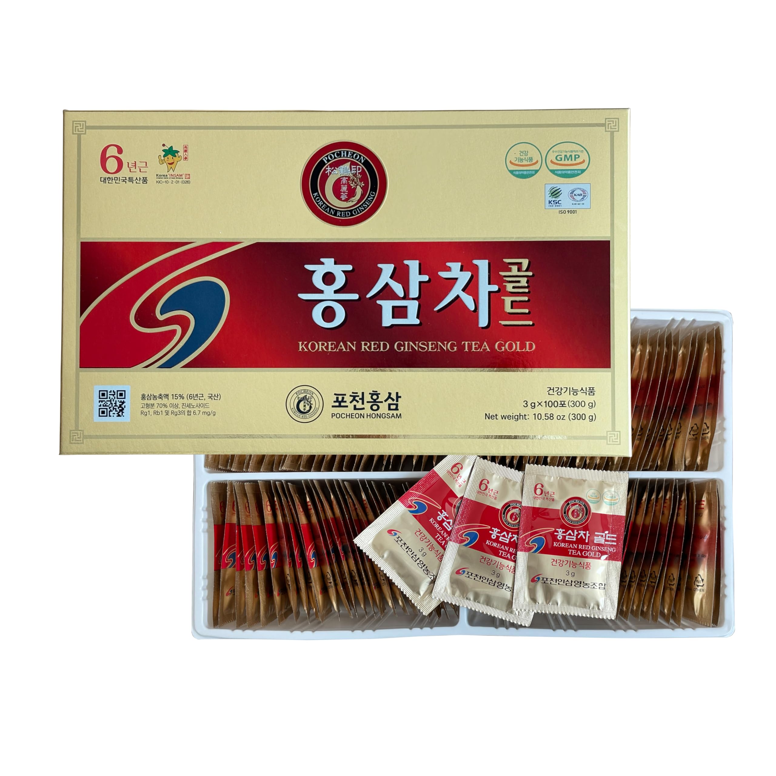 Pocheon 300g(10.6oz), Korean Panax 6Years Red Ginseng Root Extract Tea Gold, 100 Tea Bags, 15% Ginseng Extract, Natural Immune Support