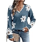SHENHE Women's Floral Sweater V Neck Long Sleeve Drop Shoulder Knit Sweaters Pullover Tops