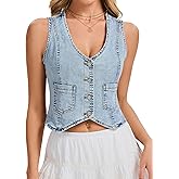 Genhoo Denim Vest Sleeveless Jean Vest Top for Women V Neck Button Down Cropped Denim Top with Pockets