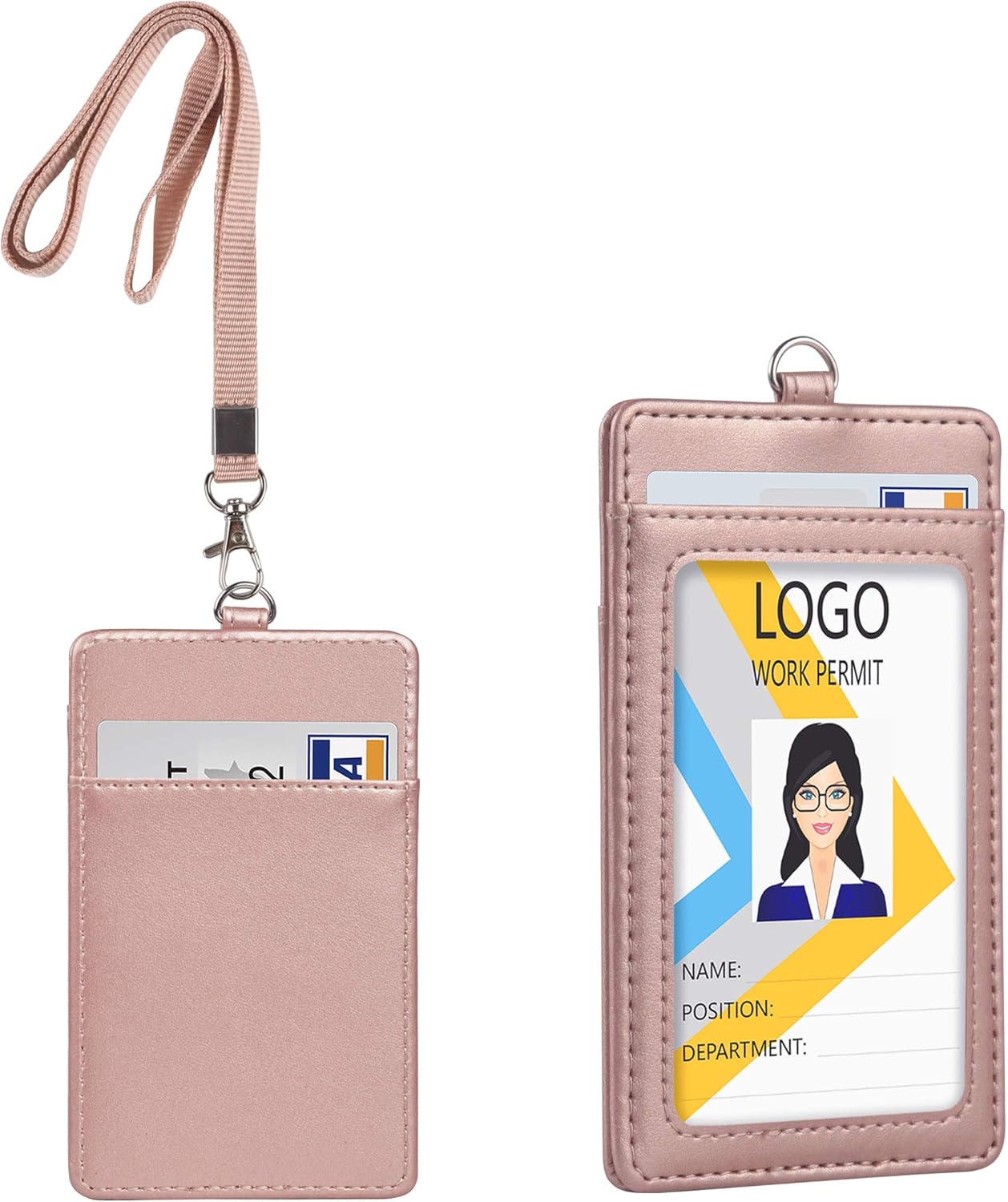 Leather ID Badge Holder, Vertical PU Leather ID Badge Holder with 1 Clear ID Window & 1 Credit Card Slot and a Detachable Neck Lanyard (Rose Gold) : Office Products