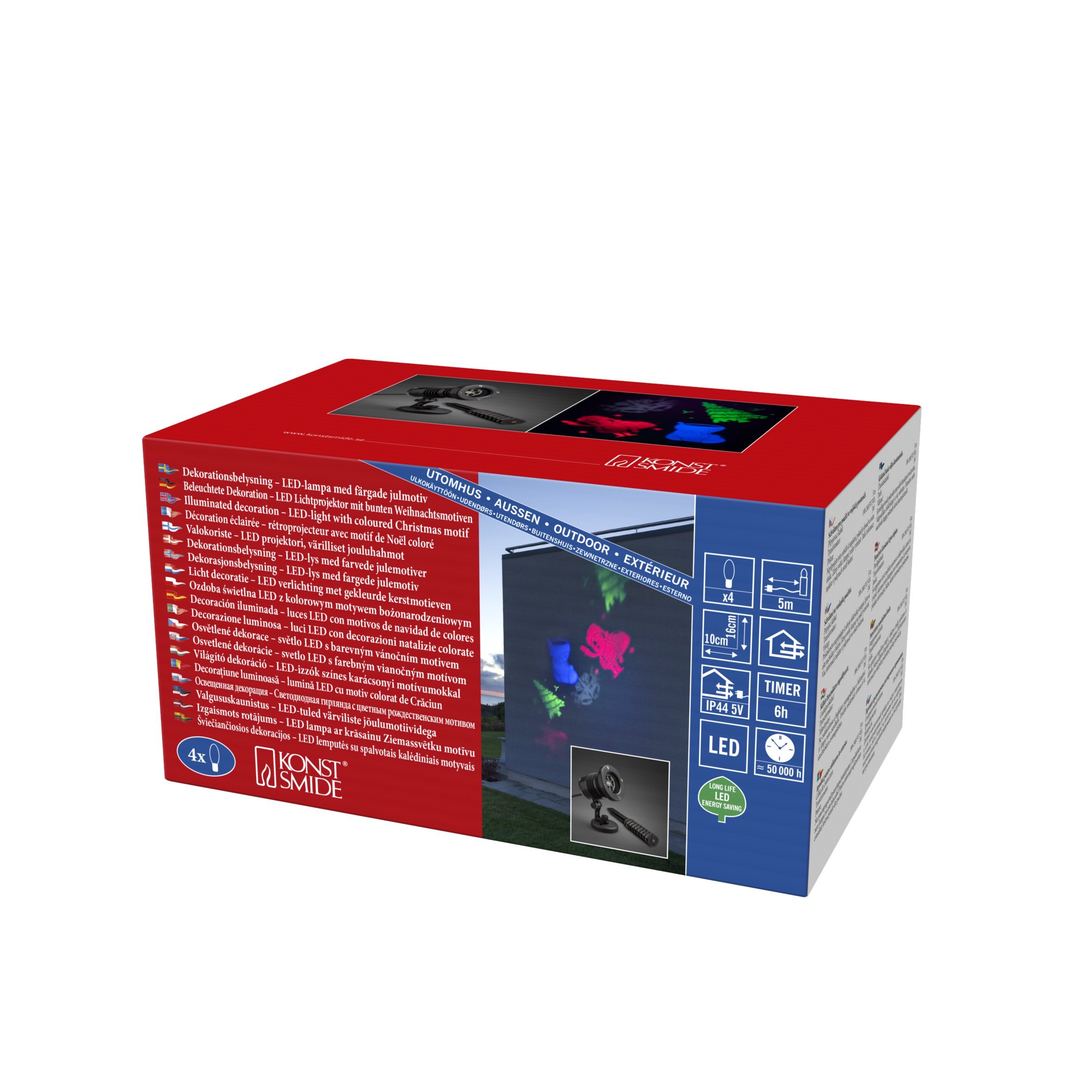 Konstsmide LED Light Projector, with Multi colour Moving Christmas Symbols, with Remote Control, 6H Timer, On/Off Switch, Incl. Ground Spike (30 cm), White Diodes, Black Cable, 4542-500EE