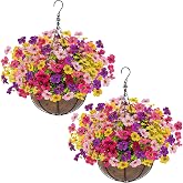 Grandeal 2 Sets Artificial Hanging Plants Flowers Basket Outdoor, Fake Hanging Plants 24 Pcs Flowers for Porch Patio Garden Home Decor for Spring Summer (Red, Purple, Yellow, Rose Red)