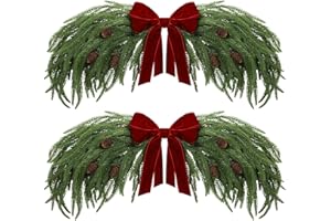 Suncalla 31.5" Christmas Swag for Front Door Rustic Velvet Bow Christmas Centerpiece with Berries for Indoor Outdoor Decor(Norfolk Pine,Red)