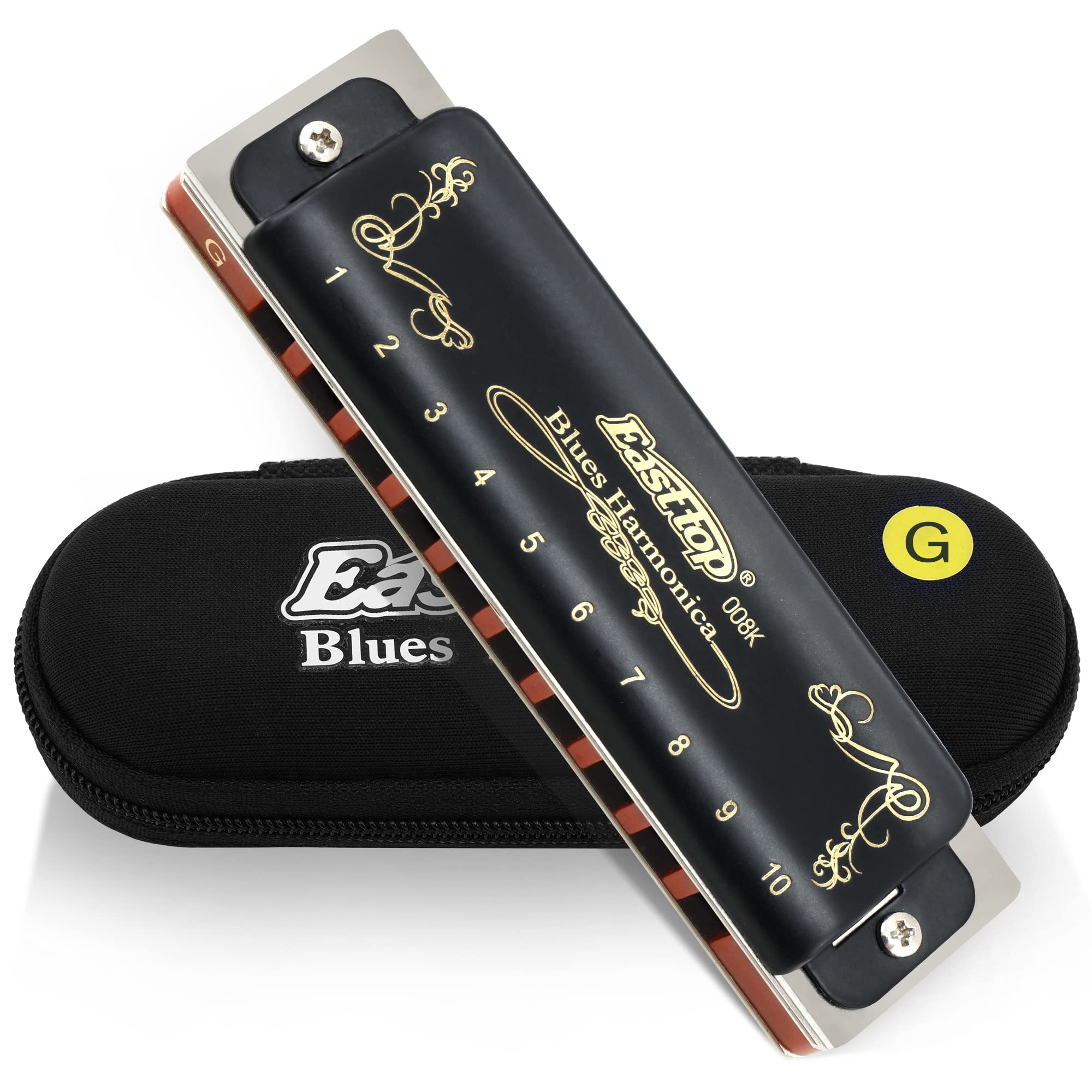 East top 10 Holes 20 Tones Professional Diatonic Blues Harmonica T008K in G, Top Grade Mouth Organ harmonica for Adults, Professional Player and Students