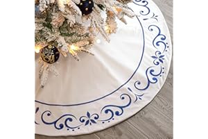 Bunny Chorus Christmas Tree Skirt, 48 Inches Classic Large Velvet Fur Plush White Tree Skirt, Baroque Tree Skirts with Blue Petal Embroidered for Holiday Merry Christmas