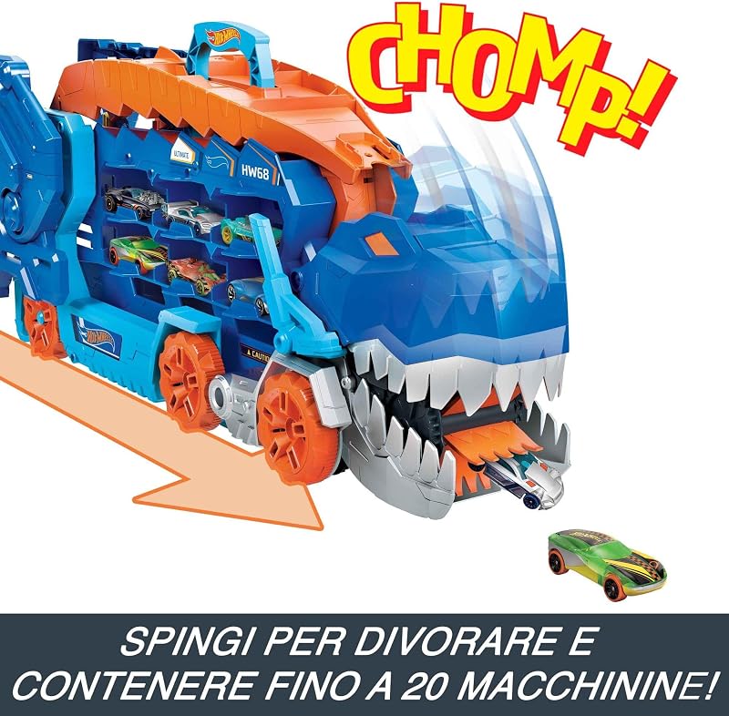 ​Hot Wheels City 'Let's Race' Netflix - Mega Dino Trasportatore, pista da corsa che si trasforma in un T-Rex, playset con luci e suoni, box per riporre 20 macchinine in scala 1:64, 4+ anni, HNG50