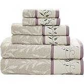 Madison Park Serene 100% Cotton Bath Towel Set Luxurious Floral Decorative Towels for Bathroom Embroidered Cotton Jacquard Design Soft Highly Absorbent for Shower 600 GSM, Multi-Sizes, Purple 6 Piece
