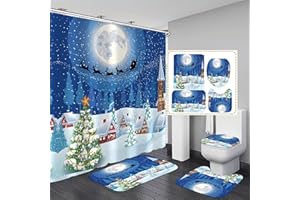 AZHM Christmas Shower Curtain Sets with Non-Slip Rugs Toilet Lid Cover and Bath Mat Elk Shower Curtains with 12 Hooks 4 Piece Bathroom Decor Set Xmas Gifts for Christmas