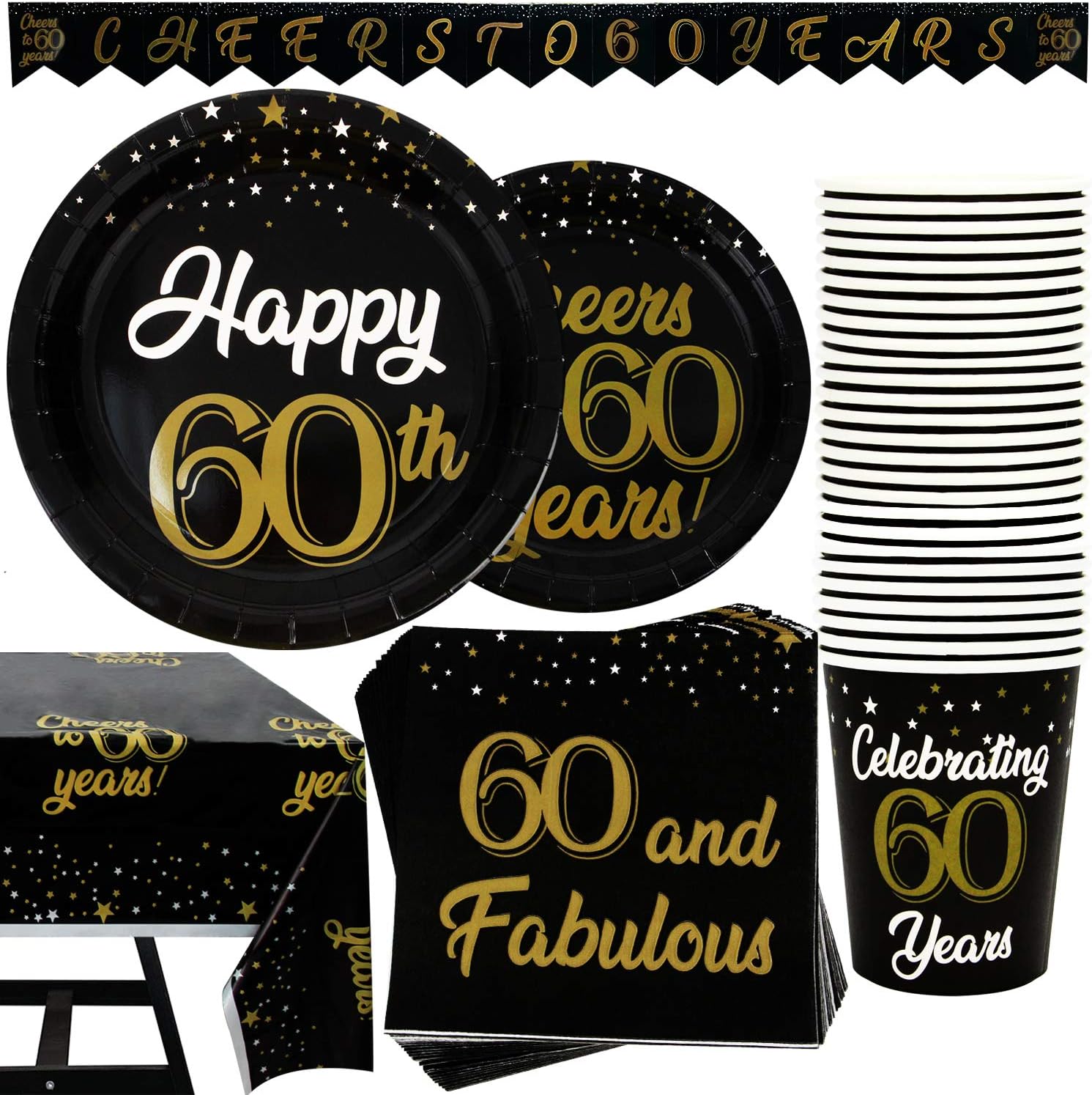 102 Piece 60th Birthday Party Supplies Set Including Plates, Cups