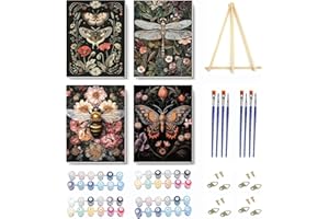 KAIXINE 4 Pack Insect Paint by Numbers Kit for Adults Beginner with Frame,Dragonfly Moth Bee Butterfly Paint by Number with Wooden Easel DIY Landscape Adult Paint by Number Kits for Home Decor 9x12inch