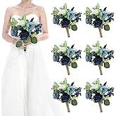 HOMENERGY Set of 6 Bridesmaid Bouquets for Wedding - 7 Inch Artificial Flowers Bouquets for Ceremony Anniversary Centerpieces Decorations - Navy Blue and White