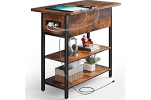 Yoobure End Table with Charging Station, Flip Top Side Table with USB Ports and Outlets, Sofa Couch Table Bedside Table for Living Room Bedroom, Narrow Nightstand with Storage Shelves for Small Space