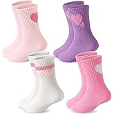 AQOKKA Kids Girls Crew Athletic Socks with Hearts Soft Cotton Striped Girls Socks Ankle Socks for Running Sport 4-10 Years
