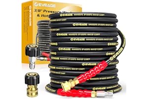 EVEAGE 3/8" Pressure Washer Hose 50ft, 4800PSI Industry Grade Steel Wire Braided & Synthetic Rubber Jacket, Kink Resistant Hot & Cold Water Max 248°F Power Washer Hose, 2pcs M22 14mm Adapter Set