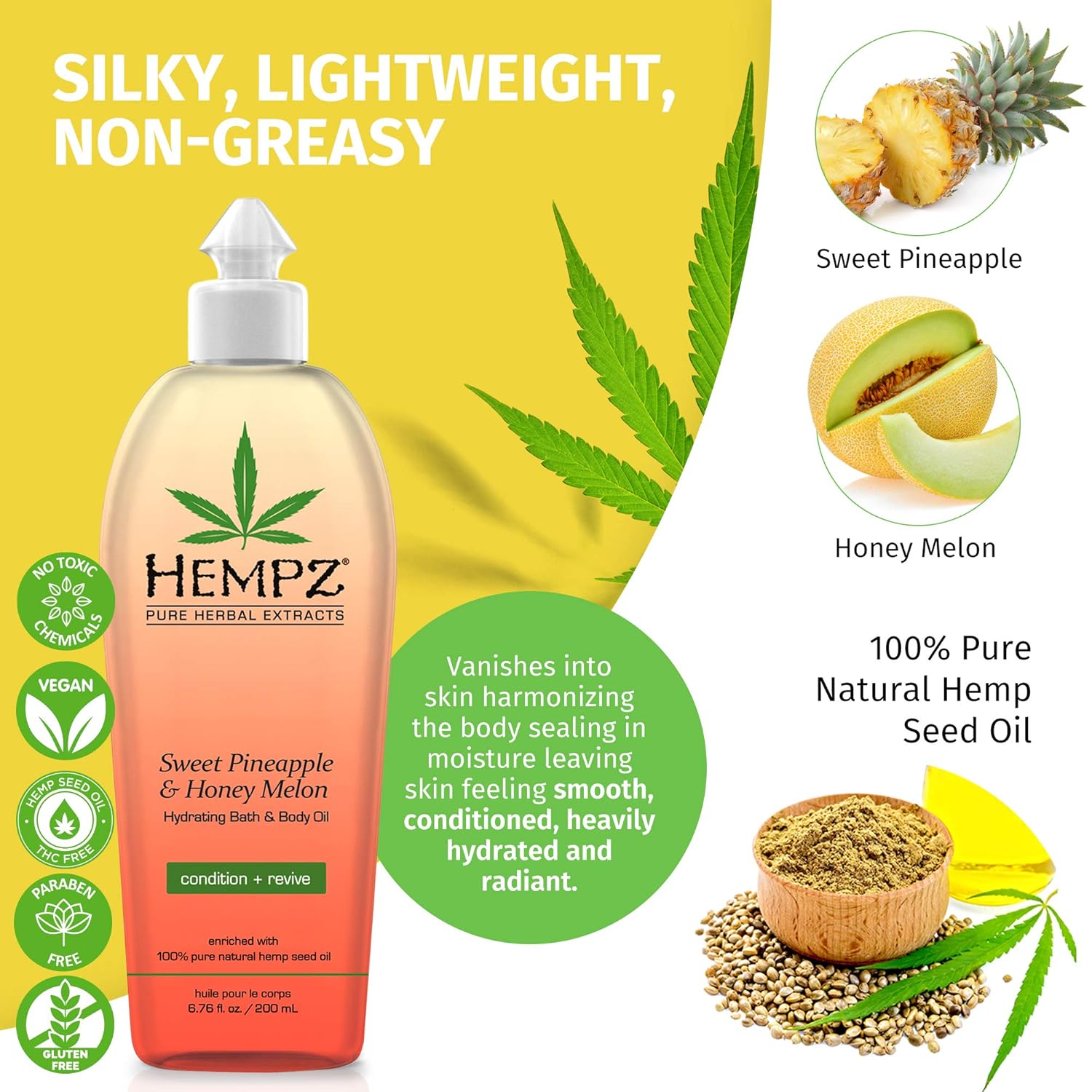 Hempz Hydrating Bath and Body Oil for Women, Sweet Pineapple & Honey Melon - Conditioning Body Moisturizer with Natural Hemp Seed Oil - Premium Body Oils, 6.76 fl. oz : Hair Care Products : Beauty