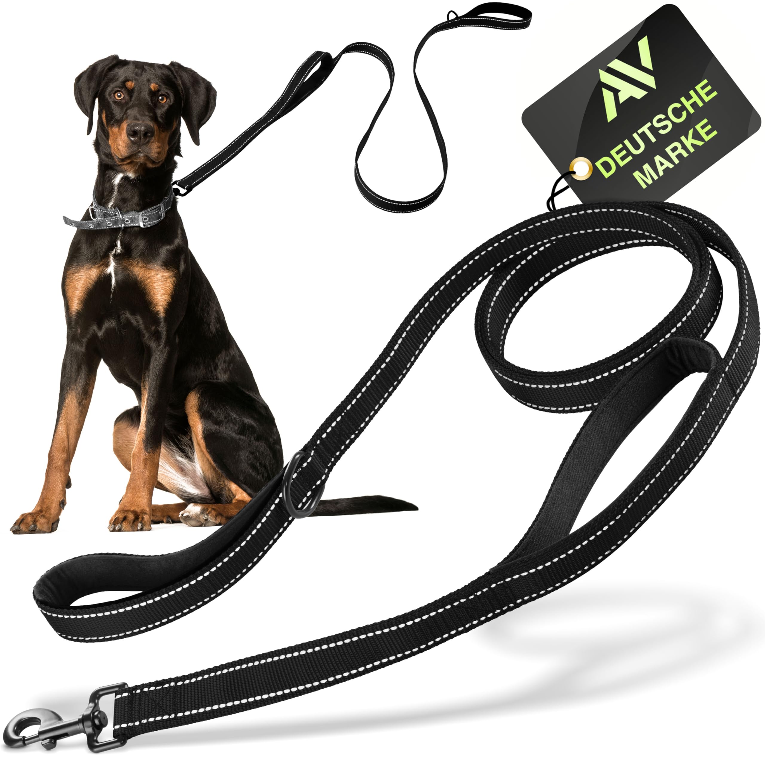 AVANA Dog leash with integrated short lead, reflective leash, 2 hand-friendly padded hand loops, 1.5 meter leash for large and medium-sized dogs - black