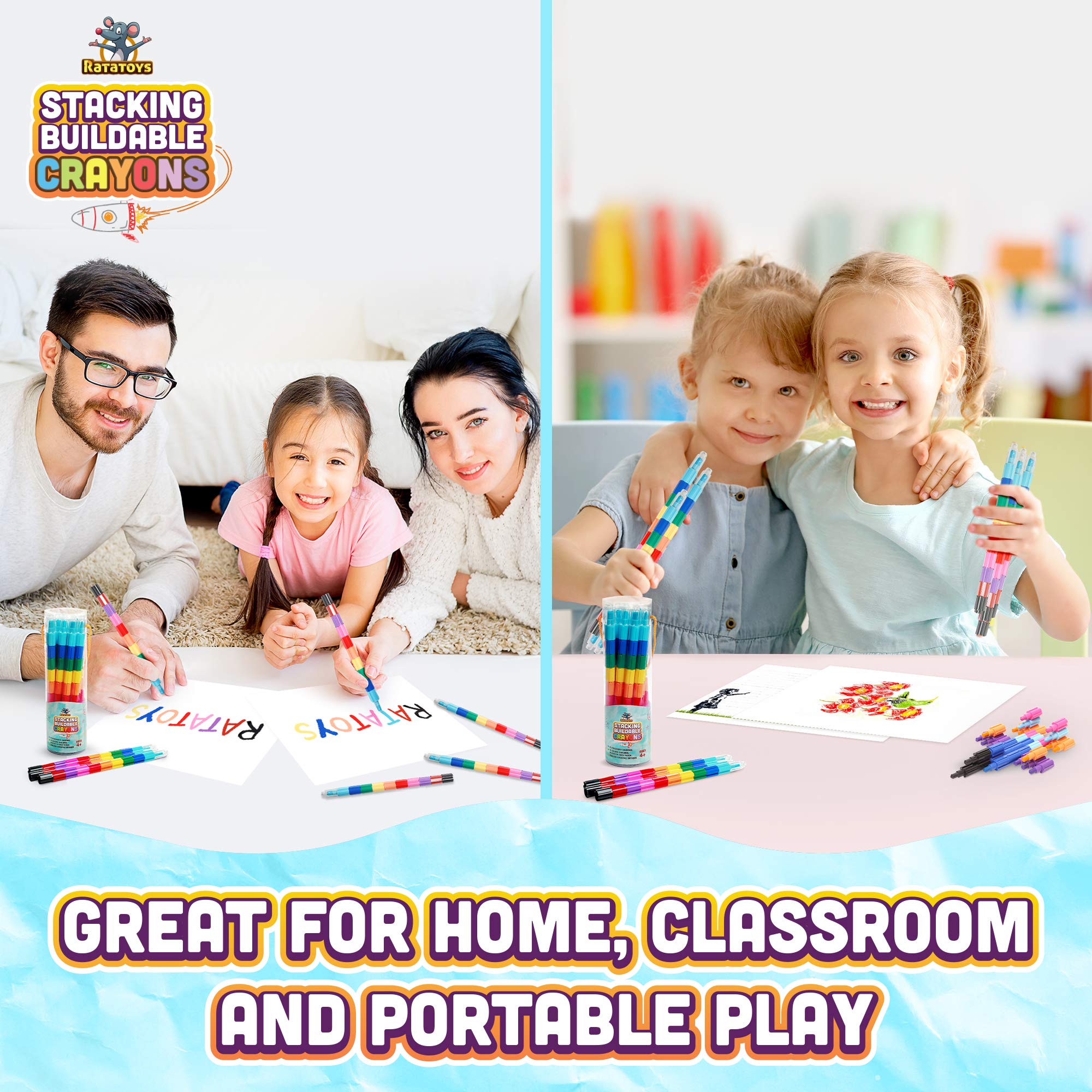 Ratatoys Stacking Crayons, 15 pc Set, Buildable and Stackable for Drawing, Coloring, or Arts and Crafts, Large Preschool Friendly Connect Pieces, Party Favor and Classroom Fun