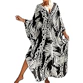 OHOXOE Women's Kaftan Dress Plus Size Moo Moos Print Batwing Sleeves Beach Cover Up for Swimsuit, Lightweight Caftan Dress