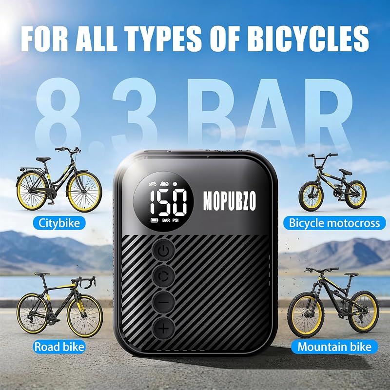 Tiny Pompe à vélo avec manomètre, pompe à air électrique, 150 psi, arrêt automatique, compatible avec la plupart des valves d'air, gonflage rapide pour vélo électrique, VTT et vélo de route