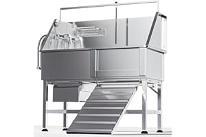 Tzechkii 46" Dog Washing Station for Home, Professional Stainless Steel Dog Bathing Station, Height Adjustable Dog Grooming Tub, Storage Drawer, Upgrade Parts (Right Ramp)