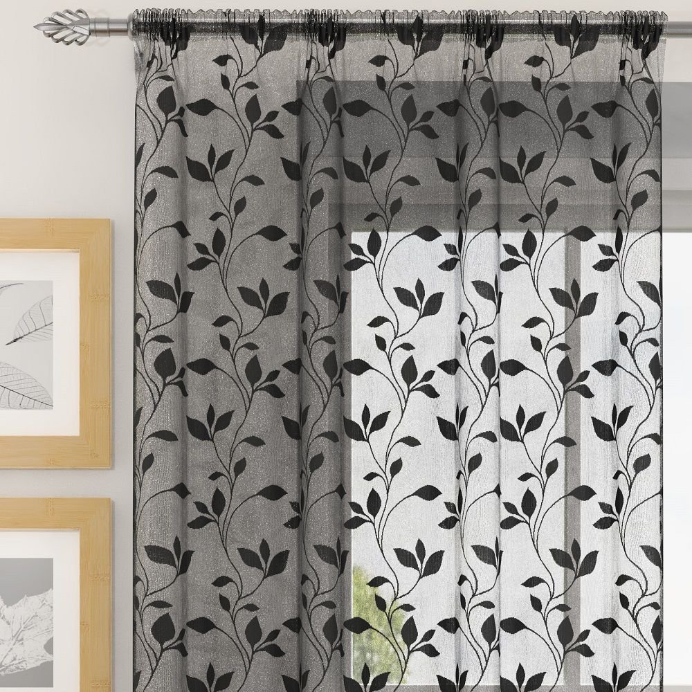 Mirabel Evie Floral Net Voile Curtain Panel - Black (56" Wide x 54" Drop)