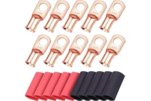 iGreely 10pcs 2 AWG 3/8" Wire Lugs Ring Terminals 2 Gauge Heavy Duty Battery Cable Ends Battery Terminal Connectors with 10pcs 3:1 Dual Wall Adhesive Heat Shrink