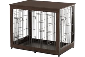 Piskyet Wooden Dog Crate Furniture with Divider Panel, Dog Crate End Table with Fixable Slide Tray, Dog Kennel Furniture, Dog Kennel Indoor for Medium Dogs(M:31.8" L*22.1" W*26.3" H,Brown Walnut)