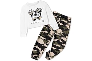 CRISONE Girl Outfits Long Sleeve Printed Crop Tops + Camouflage Pants 2pcs Fall Winter Clothes Set