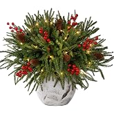 24 Piece Set: 12Pcs Norfolk Pine Branches with LED Lights, Red Berries | 18'' Faux Norfolk Pine Stems, Christmas Greenery Stems,Real Touch Picks and Sprays, Christmas Decor, DIY for Wreath Garland