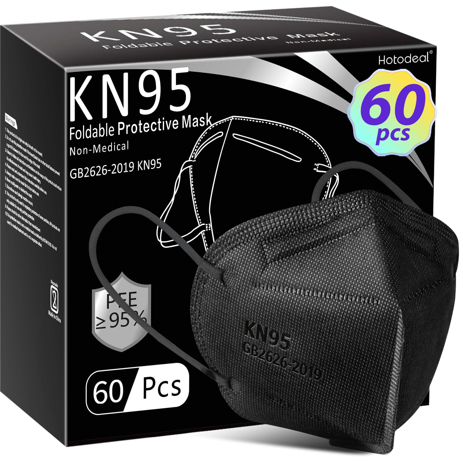 Hotodeal KN95 Face Mask 60 PCs, Black KN95 Mask, 5 Layers Cup Dust Mask, for Men, Women, Healthcare Worker, Essential Workers Image