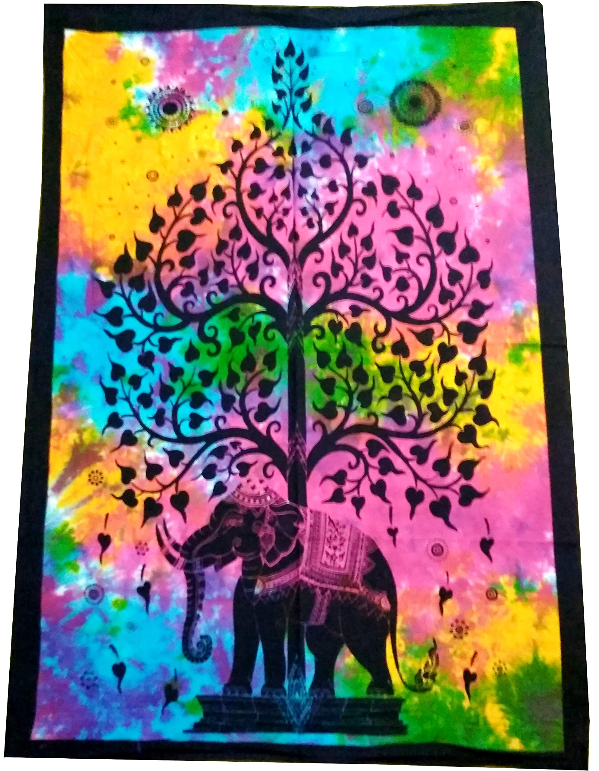 Purpledip Cotton Wall Poster Beach Throw 'Elephant & Tree-Of-Life': Bohemian Wall Hanging Tapestry (20031)