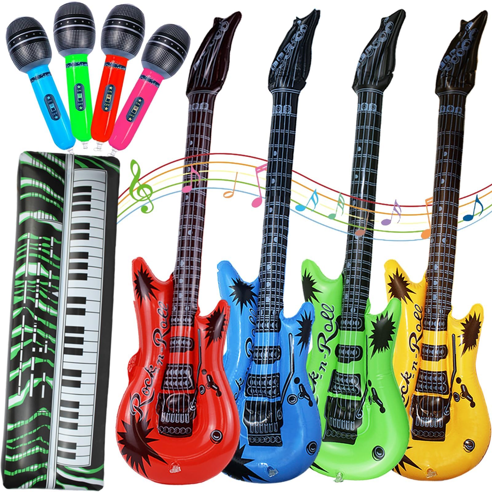 Photo 1 of 9 Pieces Inflatable Instruments Party Props Set Photo Booth Props Inflatable Guitar Saxophone Bass Lute Microphone Recorder Piano Theme Party Rock Toys Decorated Vintage Period Party