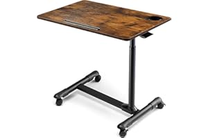 ETHU Overbed Table with Hydraulic Lift, 27.1-34.2 Inch Height Adjustable Bed Table with Lockable Casters - Wood Grain Tabletop with Cup Holder & Charging Slot, 22lbs Capacity Rolling Bedside Desk