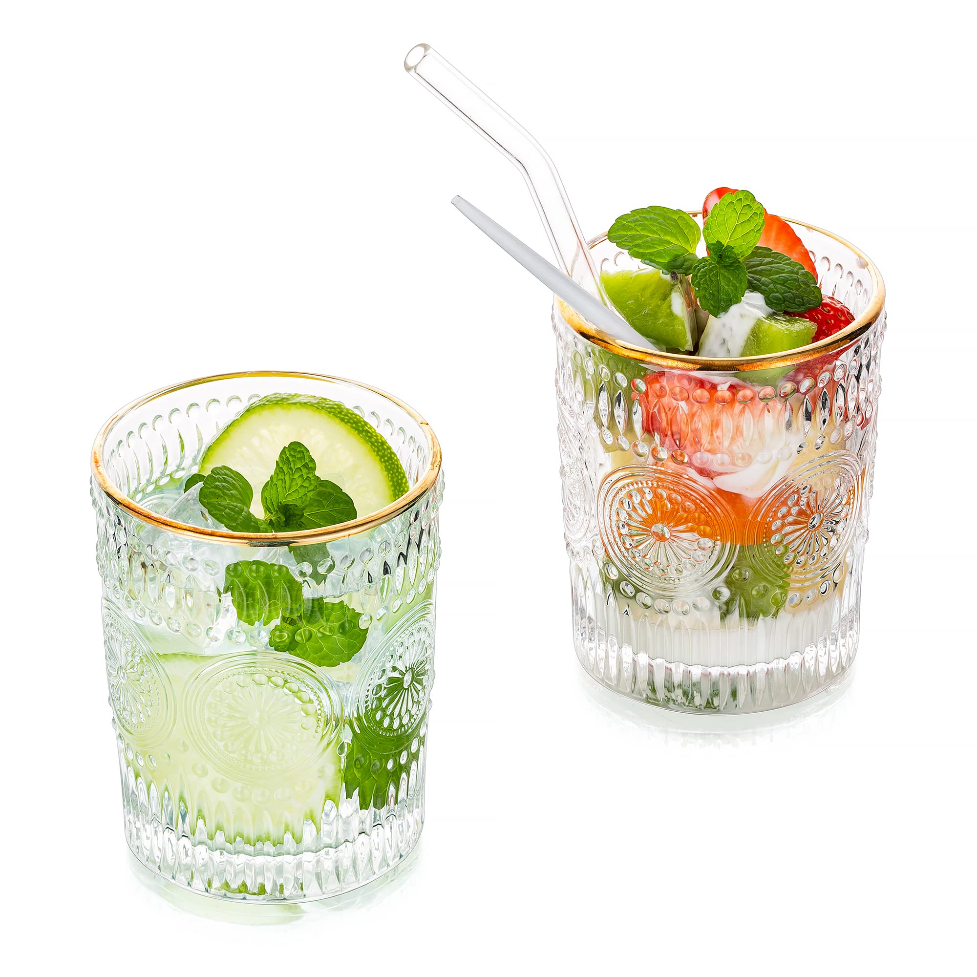 Water Glasses Drinking 300ML Gold Rim Vintage Tumblers Glass Set of 2 Tall Highball Glass for Juice Coffee Tea for Party, Bar