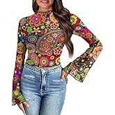 Hdjxbdhsv Women's 70s Hippie Flowers Bell Sleeve Lettuce Trim Mock Neck Floral Mesh Top Crop T Shirt