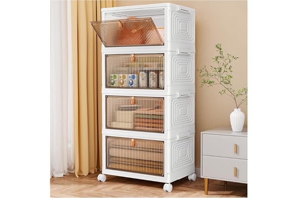 SNSLXH 4 Tier Plastic Storage Bins with Lid 23QT, Stackable Storage Containers with Wheels, Folding Storage Box, Stackable St