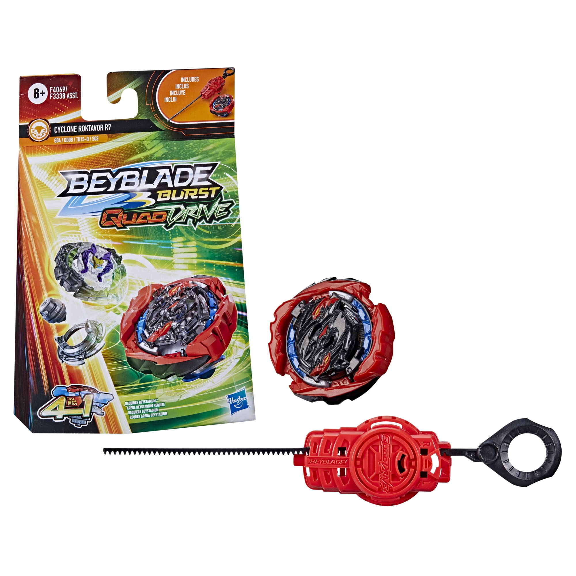 Beyblade Burst QuadDrive Cyclone Roktavor R7 Beyblade Spinning Top Starter Pack, Stamina/Defense Type Battling Game with Launcher, Toy for Kids Multicolor